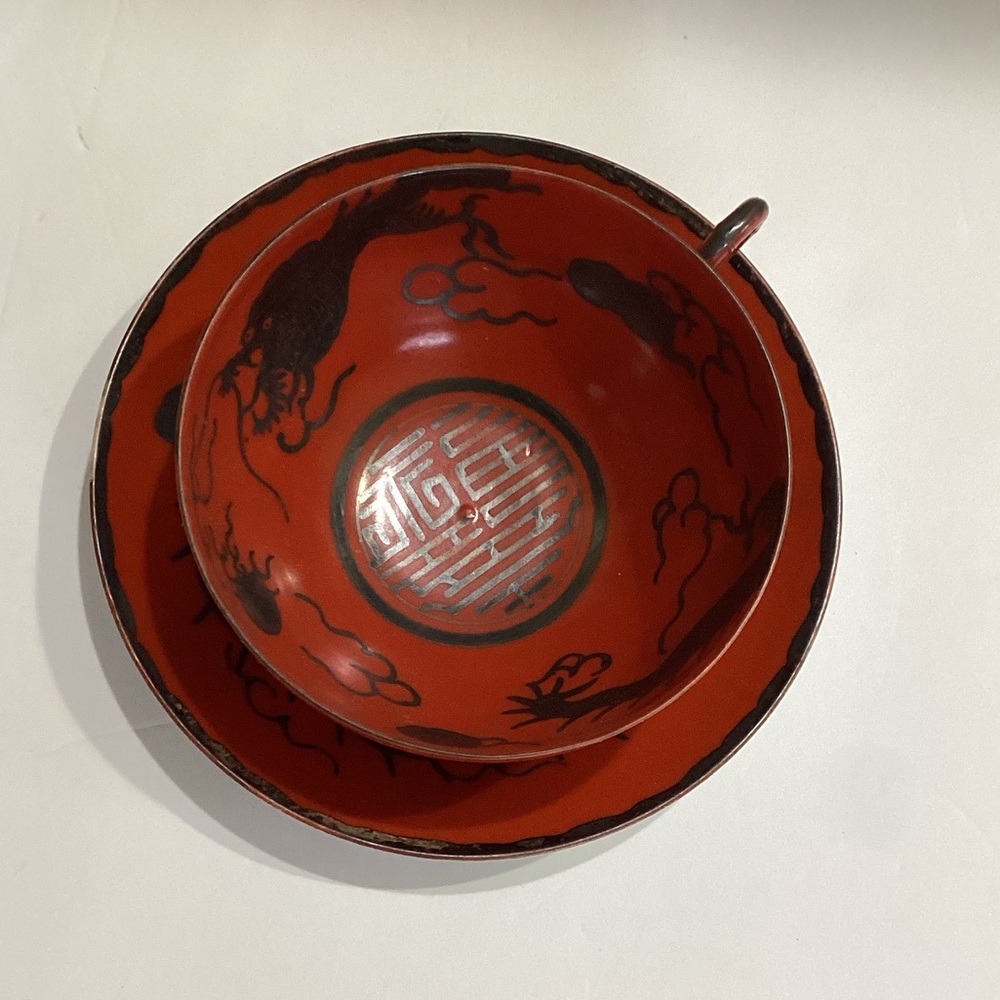 Antique Japanese Kutani Cup and Saucer 19th Century Meiji Hand Painted.